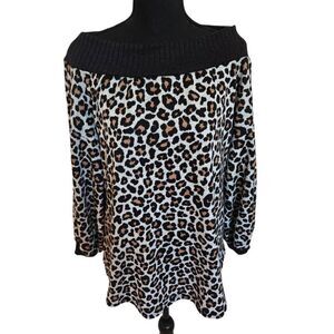 P & Rose Womens Pullover Leopard Print Boat Neck Top Sweater